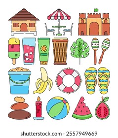 Tropical holiday icons in flat design style, featuring summer elements like beach hut, ice cream, flip flops, fruits, drum, and lifebuoy. Perfect for vacation, travel, and summer themed designs.