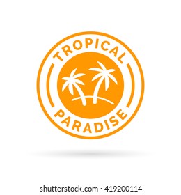 Tropical holiday paradise icon with palm trees symbol stamp. Vector illustration.