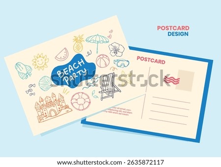 Tropical Holiday Postcard Vector. Fun doodle-style beach icons and postcard design ideal for travel blogs, party invitations, and tropical-themed stationery or merchandise.