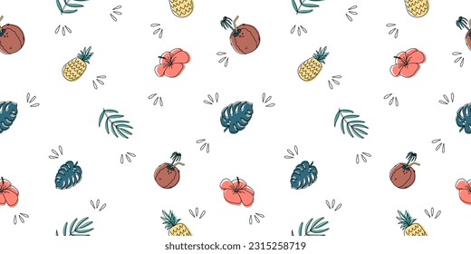 Tropical holiday vector seamless pattern with summer elements. Can be used for decoration of albums, blog, web sites, postcard, poster. Elements - leaves, tropical, hibiscus, coconut, ananas