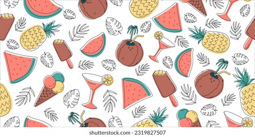 Tropical holiday vector seamless pattern with summer elements. Can be used for decoration of albums, blog, web sites, postcard, poster. Elements - leaves, tropical, hibiscus, coconut, ananas