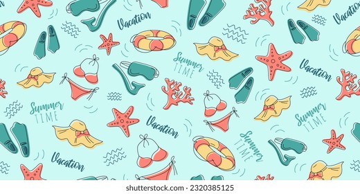 Tropical holiday vector seamless pattern with summer elements. Can be used for decoration of albums, blog, web sites, postcard, poster. Elements - leaves, tropical, lifebelt, bikini, hat, diving