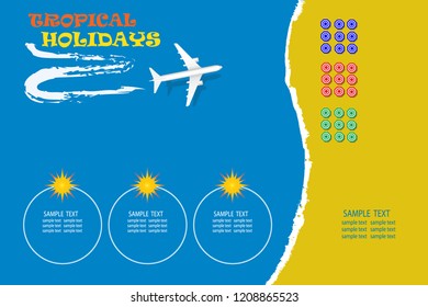 Tropical holidays blank template with an airplane flying to empty beach with umbrelas ready for your text. The vector has a place for your photos or text in the empty circles and around them.