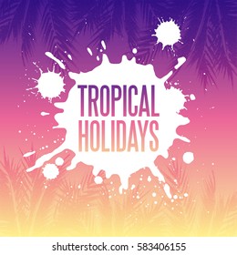 Tropical holidays illustration. Palm tree leaves with stipple effect at colorful sunset gradient background