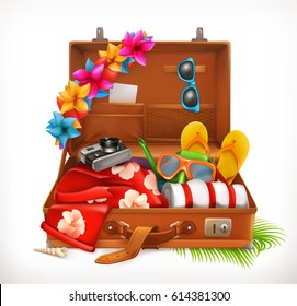 Tropical Holidays. Summer vacation, open suitcase. 3d vector icon