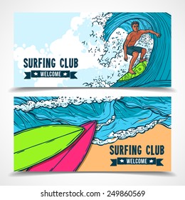 Tropical holidays vacation surfing club horizontal banners set with ocean waves board rider abstract isolated vector illustration