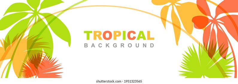 Tropical horizontal banner with exotic leaves. Stylish fashion frame on a white background.  Vector illustration isolated and editable.