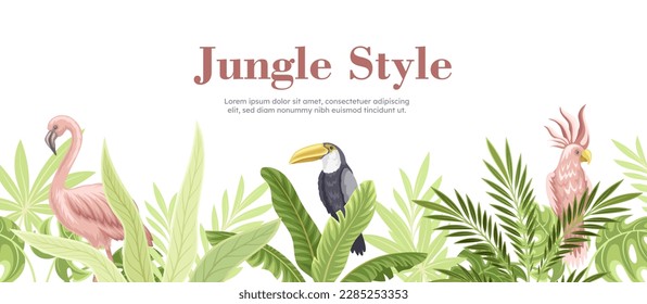 Tropical horizontal banner. Flamingo and parrots in ternary and exotic foliage. Flora and fauna of jungle. Bright birds with palm leaves. Plants and leaf. Cartoon flat vector illustration