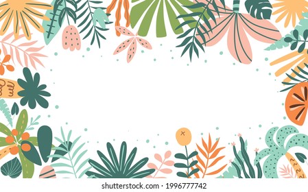 Tropical horizontal banner. Tropic leaf summer panorama. Exotic leaves banner Botanical graphic design for cosmetics, spa, perfume, health care products, wedding invitation. Palm vector illustration.