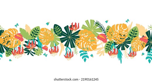 Tropical horizontal banner. Wild party seamless border. Tropic leave summer panorama poster. Exotic leaves banner. Jungle floral seamless border. Botanical graphic design. Bright vector illustration.