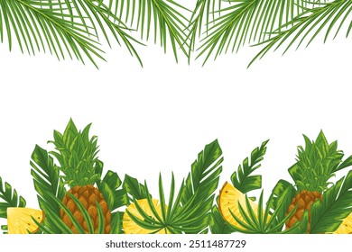 Tropical horizontal frame with palm leaves and pineapples. Party invitation, sale poster, banner. Hand drawn illustration with a text place. Elements are not cropped, hidden under a clipping mask