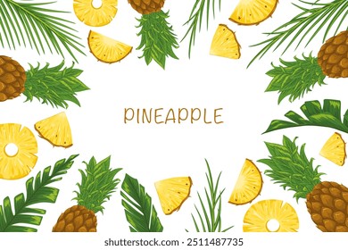 Tropischer Horizontalrahmen mit Palmblättern und Ananas. Partyeinladung, Verkaufsplakat, Banner. Handgezeichnete Illustration mit einer Textstelle. Elemente werden nicht zugeschnitten und unter einer Beschneidungsmaske ausgeblendet