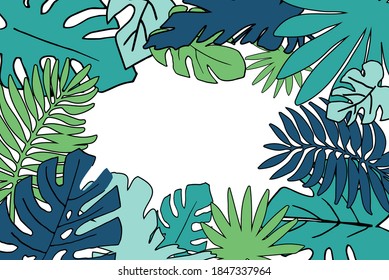 Tropical Horizontal frame, place for your text. Palm, monstera, banana  tree leaves background template. Vector illustration. Concept of the jungle for the design of invitations, greeting cards
