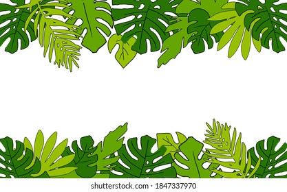 Tropical Horizontal frame, place for your text. Palm, monstera, banana  tree leaves background template. Vector illustration. Concept of the jungle for the design of invitations, greeting cards