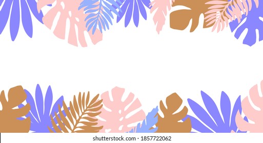 Tropical Horizontal frame, place for your text. Palm, monstera, banana  tree leaves background template. Vector illustration. Concept of the jungle for the design of invitations, greeting cards