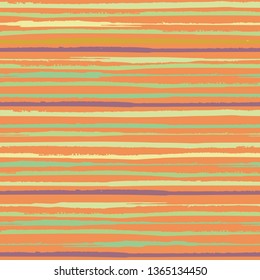 Tropical horizontal painterly green, yellow, purple grunge stripes. Seamless vector pattern on orange background. Great for wellbeing, beauty, summer, kitchen products, party, packaging, stationery