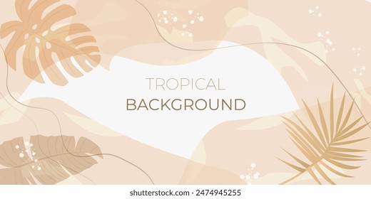 Tropical horizontal web banner. Abstract pastel leaves on elegant decorative background in beige colors. Vector illustration for header website, cover templates in modern abstract design