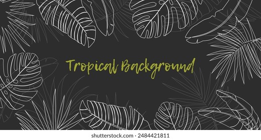 Tropical horizontal web banner. Abstract pastel leaves on elegant decorative background in black and white. Vector illustration for header website, cover templates in modern abstract design