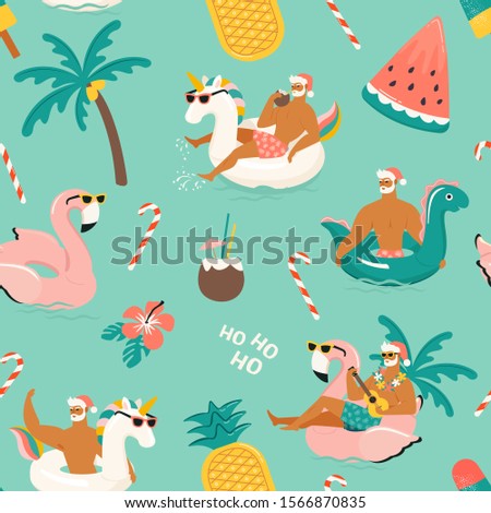 Tropical Hot Christmas. Seamless pattern with cute funny sexy Santa Claus with unicorn dinosaurand, flamingo inflatable ring. Vector illustration.