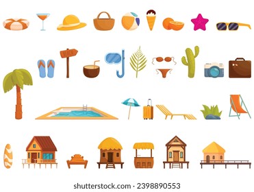 Tropical hotel icons set cartoon vector. Sea beach villa. Exotic coast resort