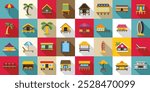 Tropical hotel icons set. Set of various bungalow icons depicting beach huts and wooden cabanas for rent