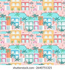 Tropical hotel scene seamless pattern. Colorful poolside resort landscape with palm trees, sun loungers, parasols, motel buildings, turquoise pool, retro motel signs in mid-century modern style