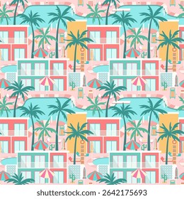 Tropical hotel scene seamless pattern. Colorful retro poolside resort landscape with palm trees, sun loungers, parasols, cute motel buildings, turquoise pool repeat tile, mid-century modern style