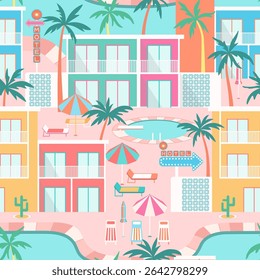 Tropical hotel scene seamless pattern. Colorful poolside resort landscape with palm trees, sun loungers, parasols, motel buildings, turquoise pool, retro motel signs in mid-century modern style