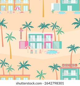 Tropical hotel seamless pattern. Poolside resort landscape with colorful hotel buildings, palm trees, sun loungers, parasols, retro motel signs on sand desert background in mid-century modern style