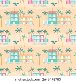 Tropical hotel seamless pattern. Poolside resort landscape with colorful hotel buildings, palm trees, sun loungers, parasols, retro motel signs on sand desert background in mid-century modern style