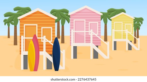 hoteles tropicales junto al mar. Surf. Vacaciones de verano. Casas pequeñas cerca del mar. Vector