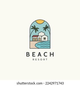 Tropical house beach resort building colorful badge logo, icon, sign, symbol design concept. Vector illustration