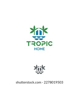 Tropical house island bungalow palm trees waves vacation tourism vector logo