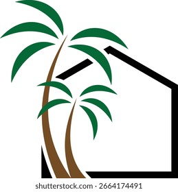 Tropical House Logo Palm Trees and Home Icon palm house logo line art icon vector illustration tropical house logo with a simple tropical house and palm tree. 