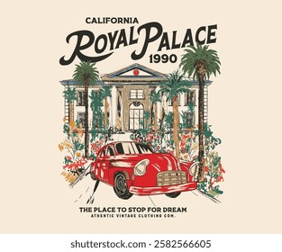 Tropical house. Royal palace hand sketch artwork for t shirt, posters, stickers, background and others. Haven house with date palm tree artwork. Vintage car design.