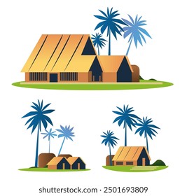 Tropical houses with palm trees travel destination. Three houses with thatched roofs surrounded by blue palm trees on green grassy areas