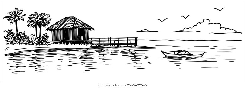 tropical hut by the water with boat and palm trees