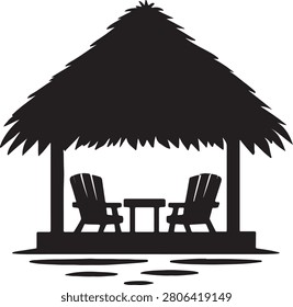 A tropical hut with chairs and table silhouette vector