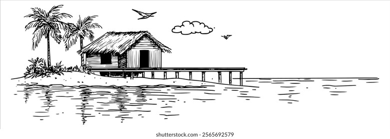 tropical hut on stilts with palm trees by the sea, black vector illustration