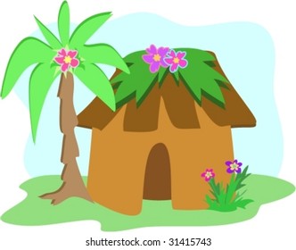 Tropical Hut with Palm Tree