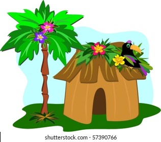 Tropical Hut, Palm Tree, and Toucan Vector