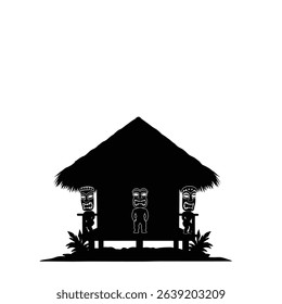 Tropical hut silhouette with tiki statues.
