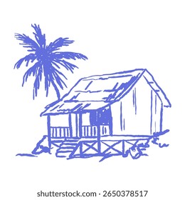 Tropical hut sketch with palm tree in rough line style. Chalk blue exotic island hut for beach travel graphics, vacation posters. Hand drawn vector Hawaii illustration.
