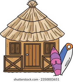 Tropical Hut with Surf Board Cartoon Clipart 