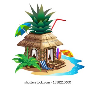 Tropical hut with thatched roof. Fairy tale house in pineapple. Summer holidays in the tropics by the ocean. Isolated vector illustration in cartoon style isolated on white background.