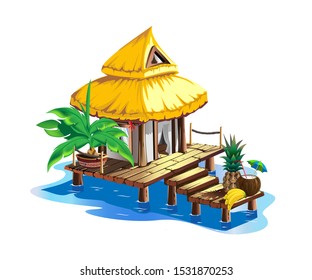 Tropical hut with thatched roof. Summer holidays in the tropics by the ocean. Isolated vector illustration in cartoon style isolated on white background.