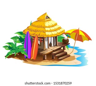Tropical hut with thatched roof. Summer holidays in the tropics by the ocean. Isolated vector illustration in cartoon style isolated on white background.