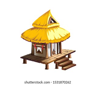 Tropical hut with thatched roof. Summer holidays in the tropics by the ocean. Isolated vector illustration in cartoon style isolated on white background.