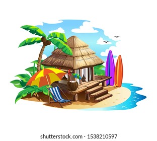 Tropical hut with thatched roof. Summer holidays in the tropics by the ocean. Isolated vector illustration in cartoon style isolated on white background.