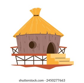 Cabaña tropical. Ilustración vectorial de un bungalow de madera en la playa o casa africana con techo de paja sobre pilotes, ideal para acampar. Icono aislado para diseño en estilo plano.